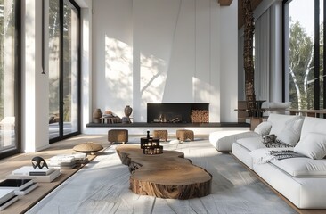 Poster - White modern living room with a wood burning fireplace, large windows and comfortable sofas