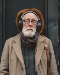 Wall Mural - An old man with a beard and headphones. Generative AI.