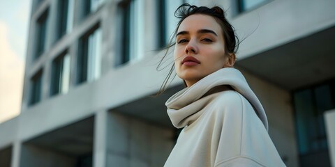 Poster - A stylish woman in athleisure wear poses outdoors for a headshot showcasing athletic clothing. Concept Outdoor Photoshoot, Athleisure Wear, Stylish Woman, Headshot, Athletic Clothing