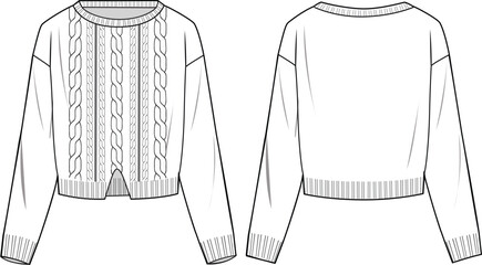 Wall Mural - Women's Round Neck, Cable, Crop, Split Front Knit Jumper. Technical fashion illustration. Front and back, white color. Women's CAD mock-up.