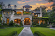 Front view of a grand luxury home with a lush green yard, inviting walkway to the ornate porch, showcasing architectural design at sunset.