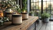 Burning candles with blank labels mockup concept for aroma therapy, mockup candles with labels for candle makers, Florist shop mockup with burning candles and green plants, AI generated