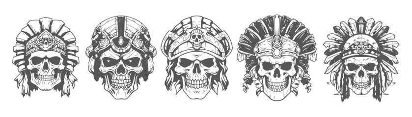 Wall Mural - set of line art skull heads with ancient crowns