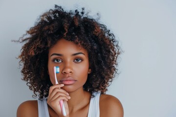 Sticker - A woman with curly hair holding a toothbrush in her hand. Generative AI.