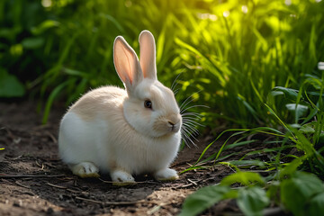 a white rabbit sitting on the ground near green grass 1044c64b-9a59-4891-aba6-5905f84229e0 1