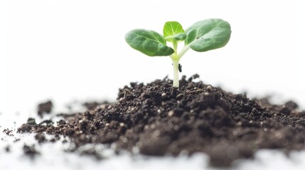 Poster - A green sprout grows out of soil on a white background