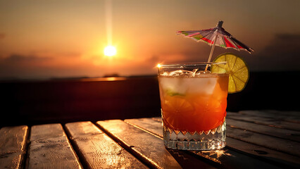 Wall Mural - Refreshing cocktail on wooden table at sunset