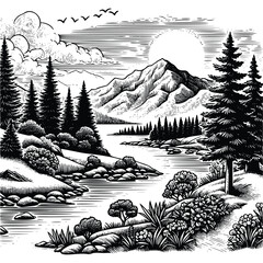 Wall Mural - hand drawn Beautiful nature landscape drawing scenery black and white, vector line art style illustration