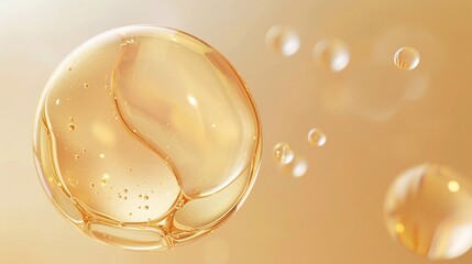 Golden oil bubble with photorealistic details and a glossy finish on background soft gradient of light beige tones