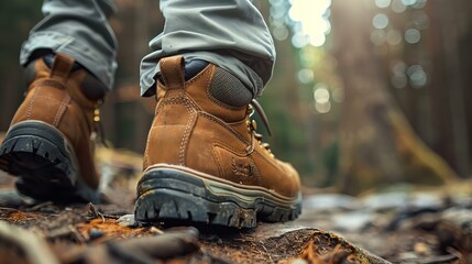 hiking boots worn by hiker standing on rock closeup with forest view in background