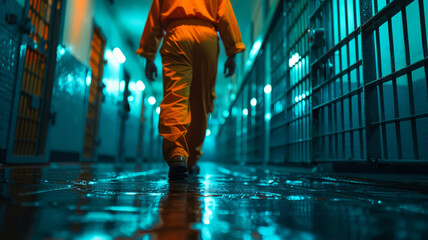 a prisoner in a US federal prison mysteriously entering a cell at night wearing an orange prisoner uniform,generative ai