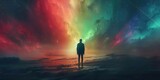 Fototapeta Tęcza - Silhouette of a person standing before a colorful aurora-like skyscape. of human emotion as colorful auroras emanating from a silhouetted figure