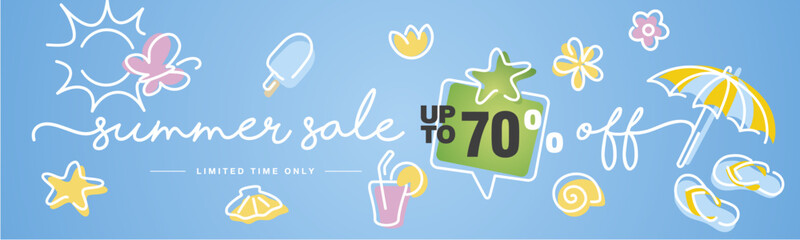 Summer Sale up to 70% percent off speech bubble handwritten typography lettering line design colorful ice cream parasol shells starfish thongs cocktail flowers butterflies and sun blue greeting card