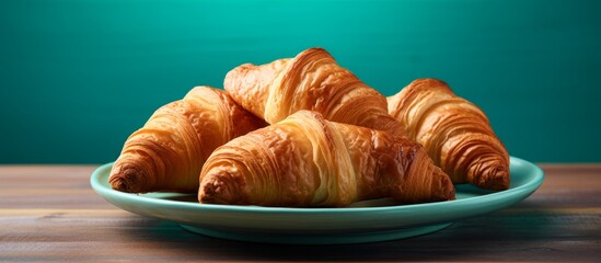 Sticker - A plate of flaky croissants displayed on a rustic wooden table, perfect for a cozy breakfast event. These baked goods are made with highquality ingredients and are a staple in French cuisine