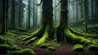 An image of a mysterious tree covered in moss in a deep forest. Generative ai.
