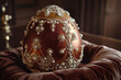 A close-up of an exquisitely decorated Faberg?(C) egg, resting on a velvet cushion, symbolizing Easter opulence.