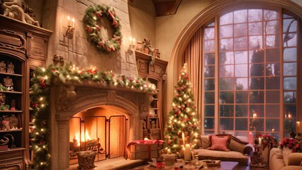 Wall Mural - Interior of a living room with fireplace and christmas tree, AI Generated