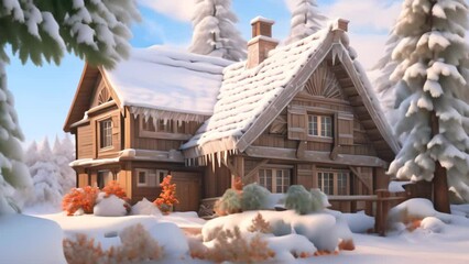 Wall Mural - Beautiful winter landscape with wooden houses in the mountains. Christmas background, AI Generated