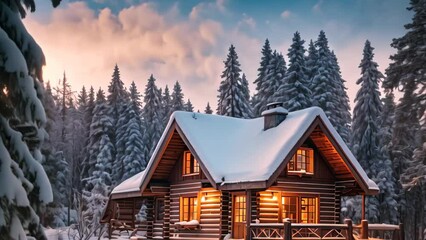 Wall Mural - Wooden house in the winter forest at sunset. Beautiful winter landscape, AI Generated