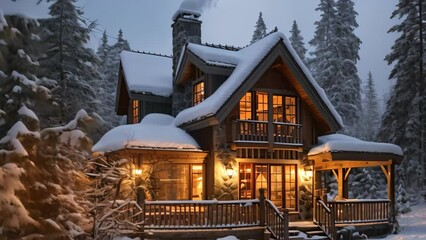 Wall Mural - Beautiful wooden chalet in winter forest. Carpathians, Ukraine, AI Generated