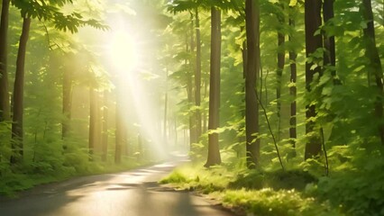 Poster - Sunlight in the green forest, spring time. Beautiful nature background, AI Generated