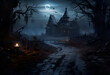 Halloween background with haunted house and full moon. 3D rendering