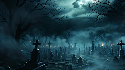 Wall Mural - Halloween spooky graveyard at night with full moon, 3d rendering, AI Generated