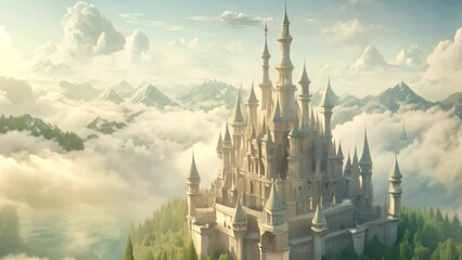 Canvas Print - Beautiful fantasy castle in the clouds. 3d render illustration, AI Generated