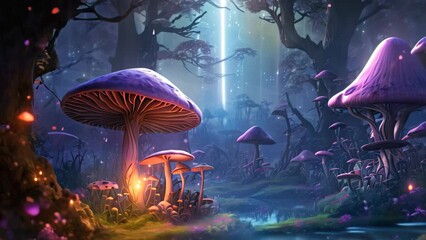 Poster - Fantasy landscape with magic mushrooms. 3d rendering. Computer digital drawing, AI Generated