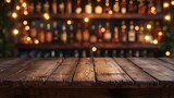 Fototapeta Do przedpokoju - Rustic Wooden Board and Alcohol Bottles Arranged on Shelves in a Serene Background Generative AI