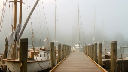 Wall Mural - Wooden pier in the misty morning. Yachts and boats, AI Generated