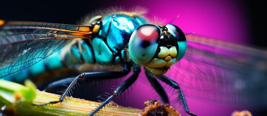 Canvas Print - A closeup of an electric blue and magenta dragonfly, a beautiful arthropod organism with membrane wings, captured in stunning macro photography