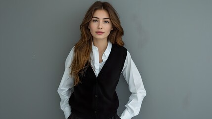 Wall Mural - Elegant young woman posing in business attire, professional style. Confident expression, neutral background. Ideal for corporate profiles. AI