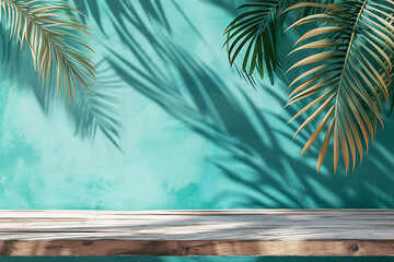 a wooden table and palm leaves against a turquoise wa b079212f-6335-44d3-b239-54f4c1cd8e11 0