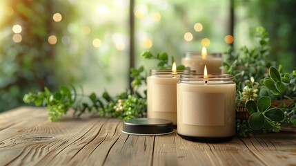 Wall Mural - Burning candles with blank labels mockup concept for aroma therapy, mockup candles with labels for candle makers, Florist shop mockup with burning candles and green plants, AI generated