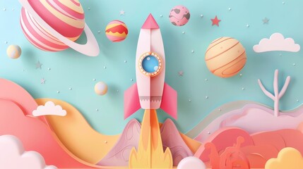 Poster - Modern illustration of a paper rocket with a pastel tone background