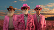 Three older men posing while wearing pink outrageous flat caps hats and flamboyant and eccentric clothing.