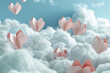 Dreamy 3D composition with paper hearts elegantly floating among clouds, creating romantic pattern.