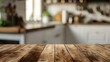 Wood table top on blurred kitchen background. can be used mock up for montage products display or design layout - generative ai