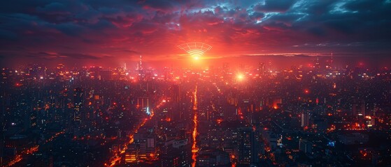 Fototapete - Cityscape concept with wi-fi connection, concept for information communication technology