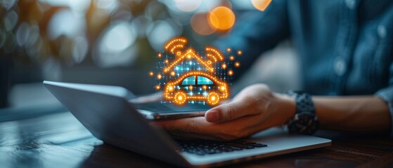 Fototapete - Businessman offers wireless symbol and tech devices network. IoT concept. Dwelling, car, laptop, watch, and smartphone.