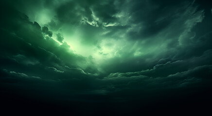 Wall Mural - Most magnificent cloudscape stormy sky in shades of green and black. Areal view inside the clouds. Above the stormy sky. Cinematic epic fantasy lighting. Otherworldly mystery firmament concept. 