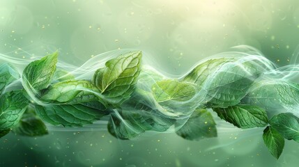 Poster - An air flow with fresh leaves and a menthol aroma. The leaves of mint provide a green wave of freshness. Modern illustration for organic herbal tea, fresheners.