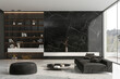 Minimalist living room with dramatic black marble wall and white high-gloss bookcase. Country house with stark modern and luxurious interior. HD camera, no people.
