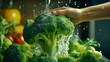 hands wash a broccoli head under the tap with a splash of water, background fresh tomatoes