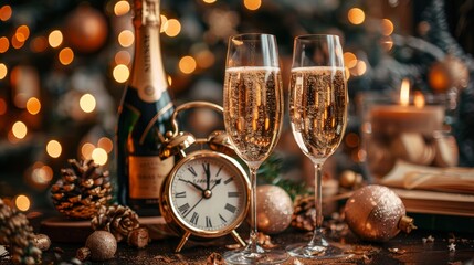 Canvas Print - Champagne and clock for a countdown - toast cheering with abstract defocused background for 2024 New Year's Eve