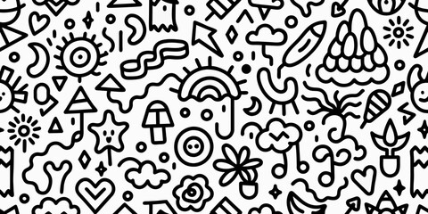 Wall Mural - Fun black line doodle seamless pattern. Creative minimalist style art background for children or trendy design with basic shapes. Simple childish scribble backdrop