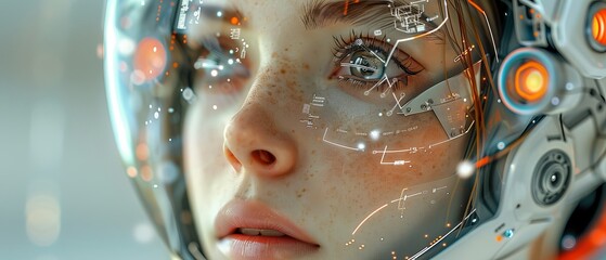 Leinwandbilder - Women robot with artificial intelligence flying in cyberspace world of metaverse. Digital abstract conceptual banner with artificial intelligence. Retro futuristic.