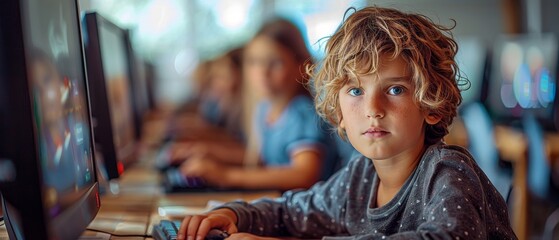 Leinwandbilder - The training of children in creating computer games. Tech education of children. Children's learning of programming, coding, artificial intelligence, robototechnics. Online science course banner.