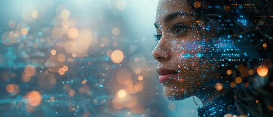 Fototapete - AI robot woman with artificial intelligence analysis flow big data. Cyborg woman contemplates stream of data in image waterfall of lights particles. Machine learning concept. Neural network training.
